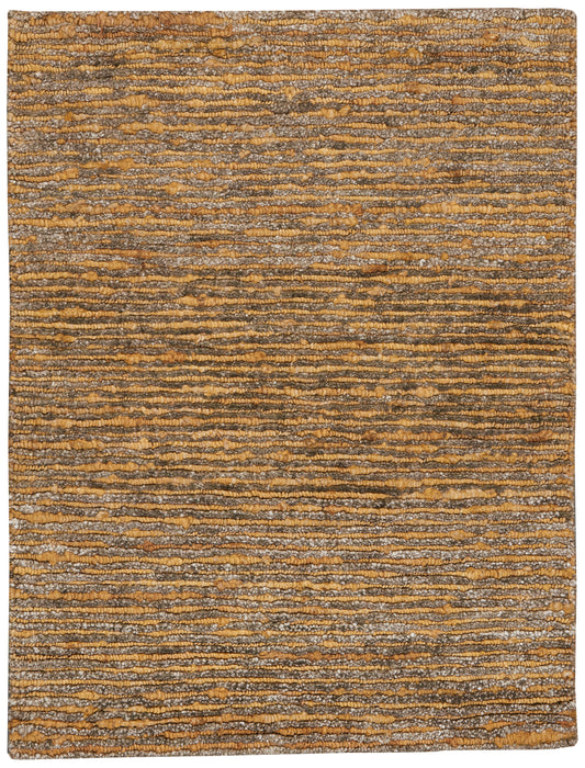 Textured striped rug in orange, taupe and grey hues with irregular loops; warm earthy area rug.