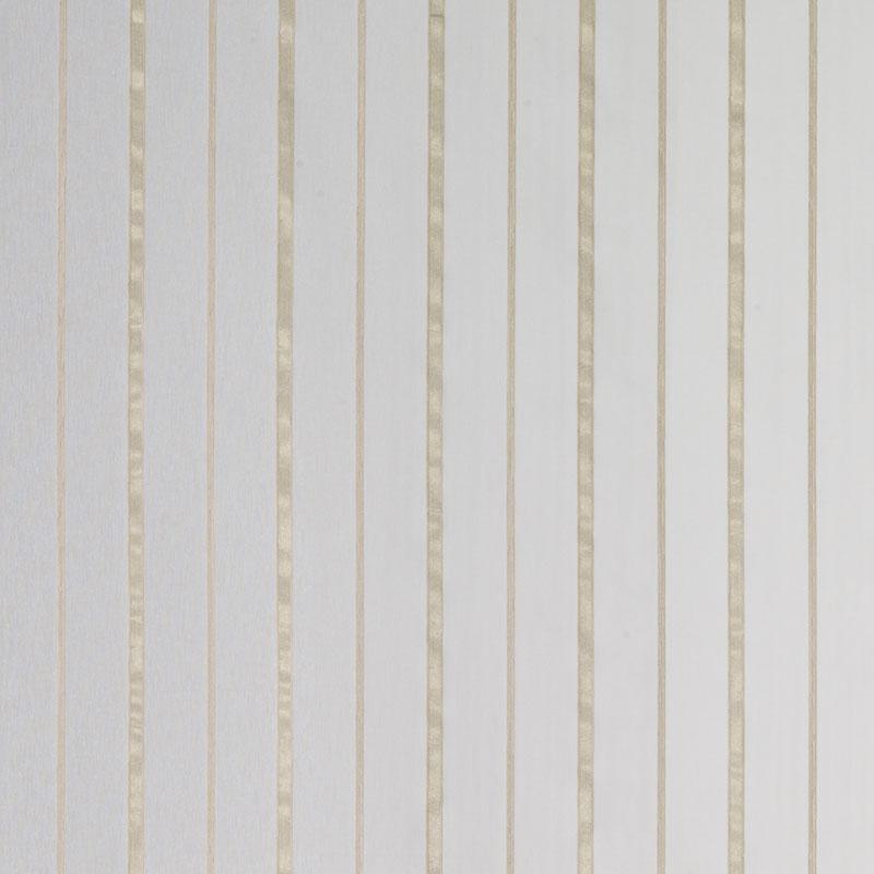 White drapery fabric with vertical gold metallic stripes, clean modern pattern.