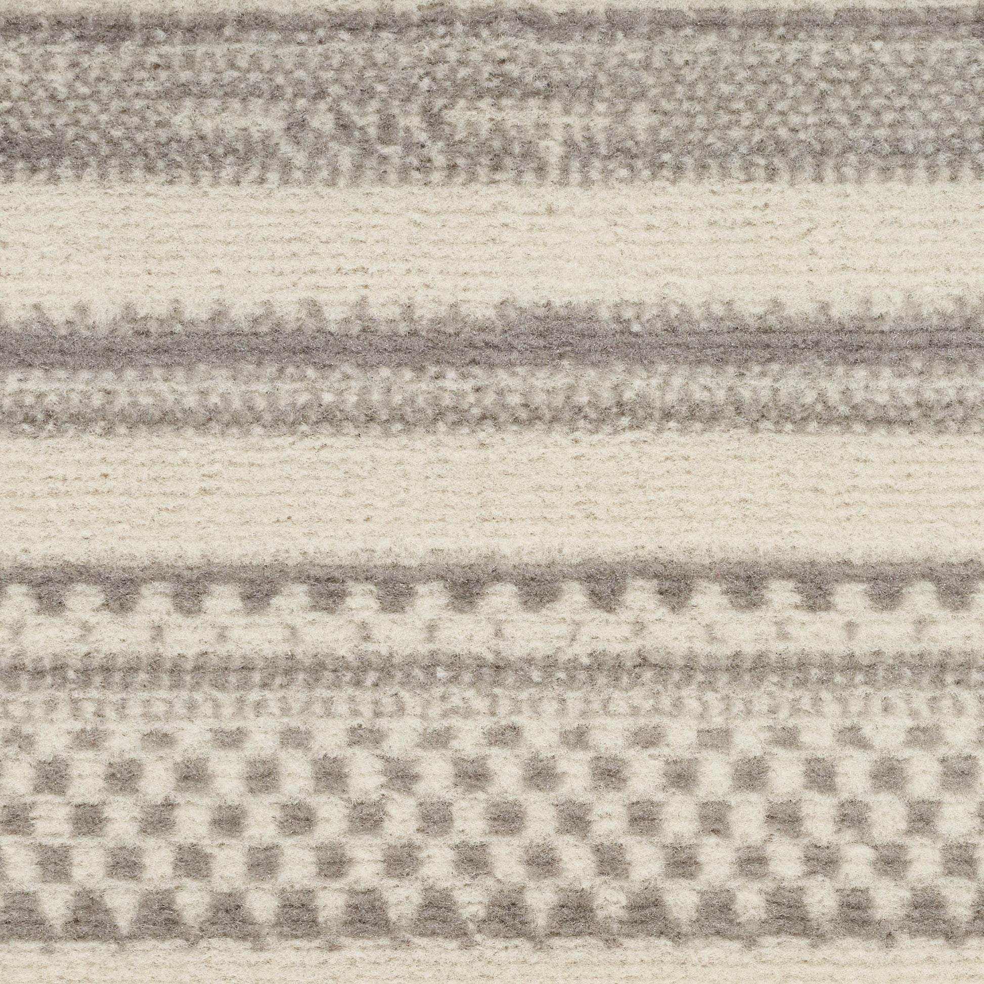 Beige and gray striped woven textile with dotted and checkerboard bands; resembles a throw or rug.