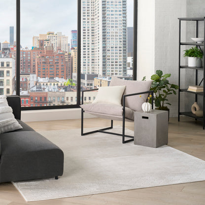 Modern living room with city view; gray sofa, beige metal-frame armchair, light rug, concrete side table, and plant shelves.