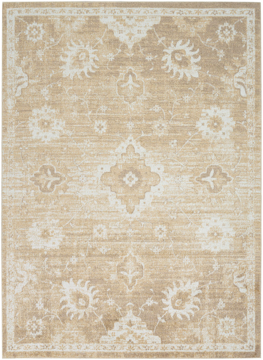 Beige ivory rectangular rug with a traditional oriental pattern, featuring floral medallions and borders, distressed look.