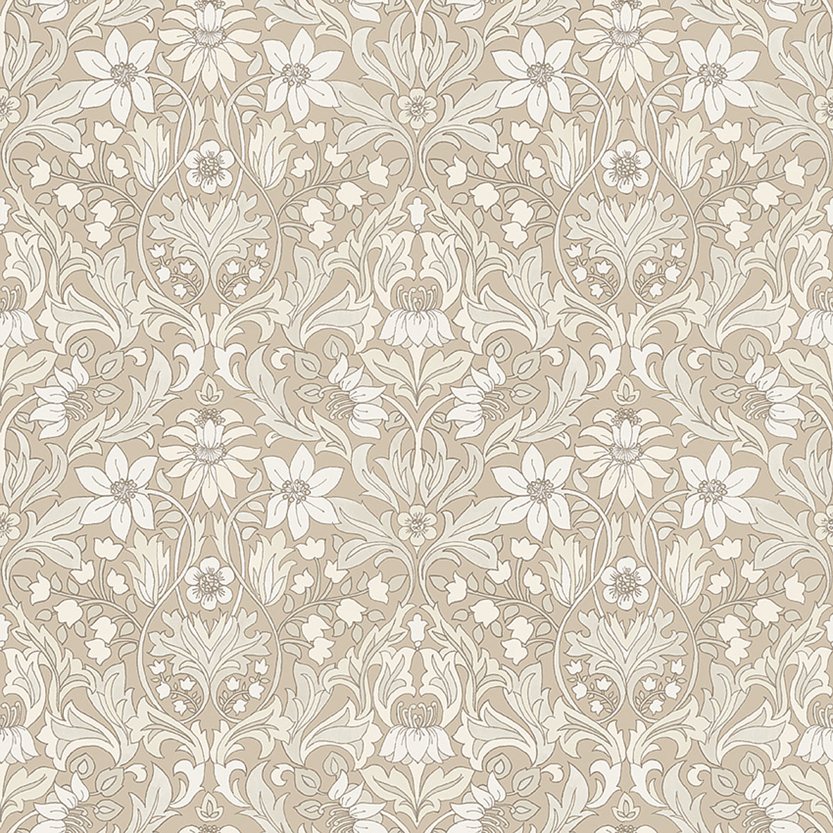 Damask floral wallpaper in ivory on warm beige, ornate scrolling vines and blossoms repeating pattern.