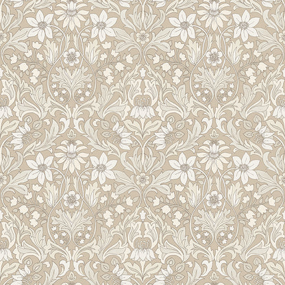 Damask floral wallpaper in ivory on warm beige, ornate scrolling vines and blossoms repeating pattern.