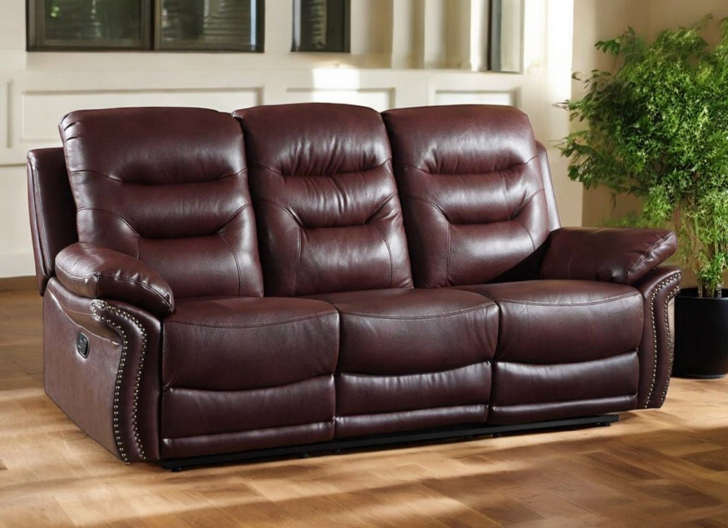 90" Burgundy Faux Leather Reclining Sofa With Black Legs