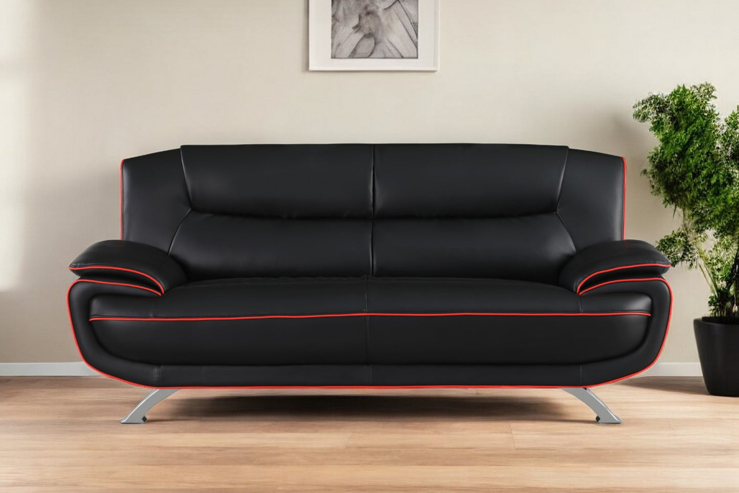 80" Black Leather Sofa With Silver Legs