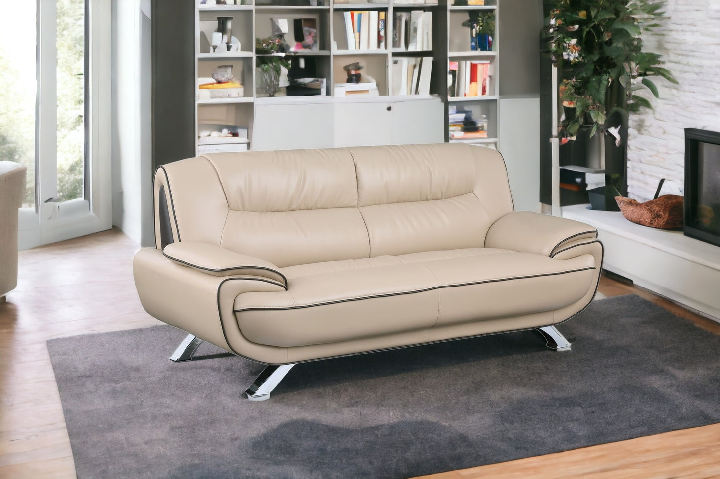 80" Beige And Silver Leather Sofa