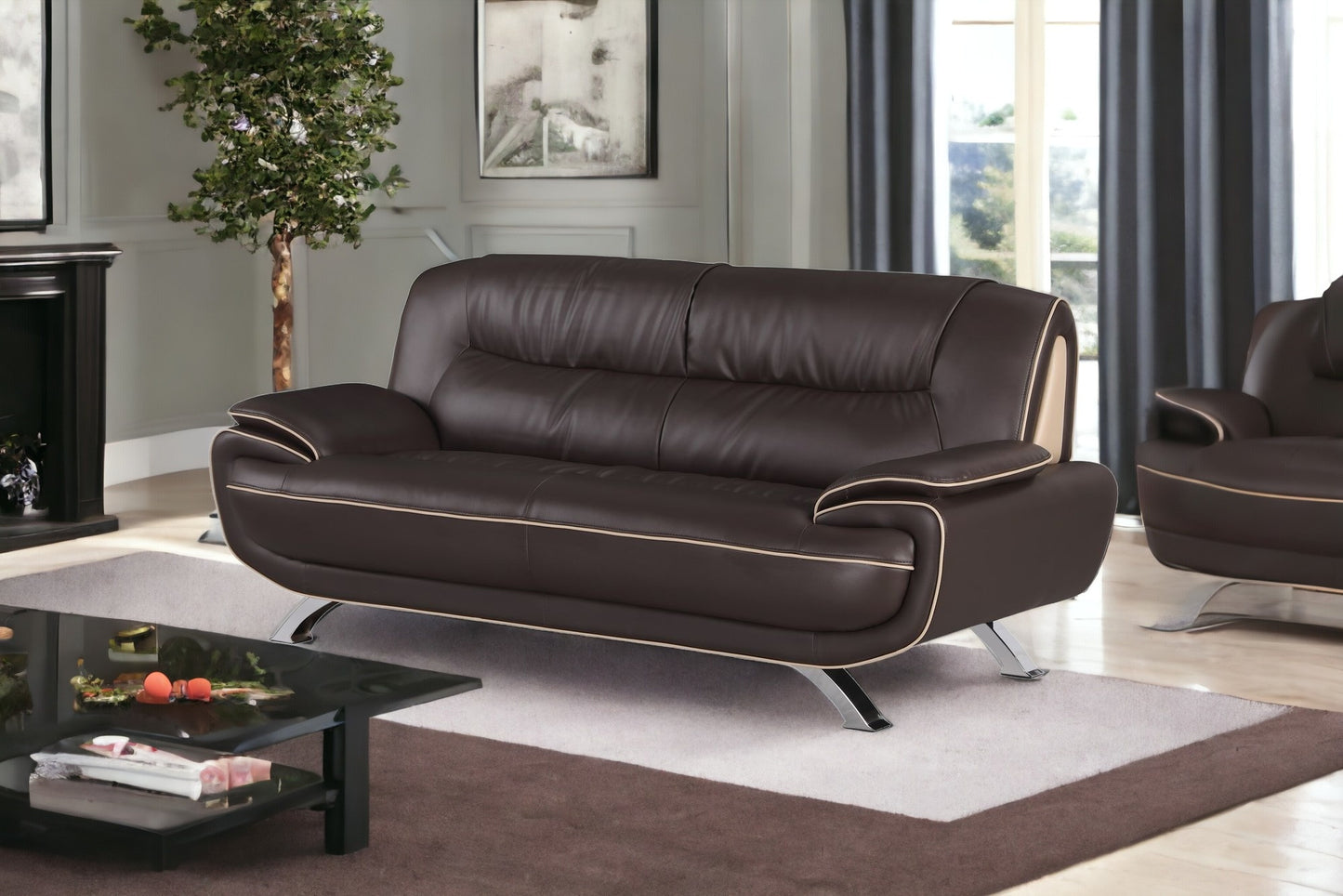 80" Brown And Silver Leather Sofa