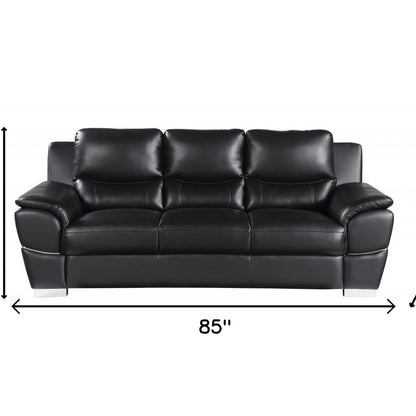 85" Black Leather Sofa With Silver Legs