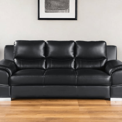 85" Black Leather Sofa With Silver Legs