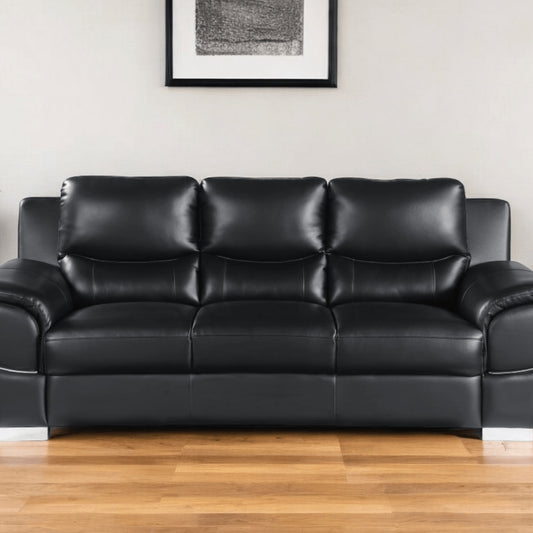 85" Black Leather Sofa With Silver Legs