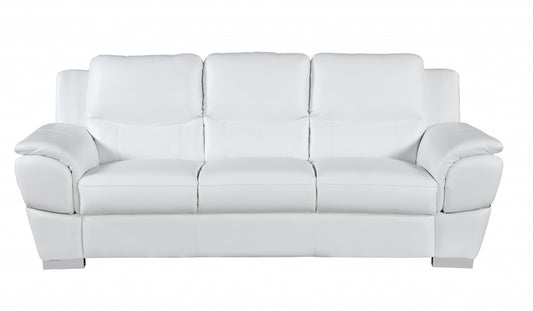 85" White Leather Sofa With Silver Legs