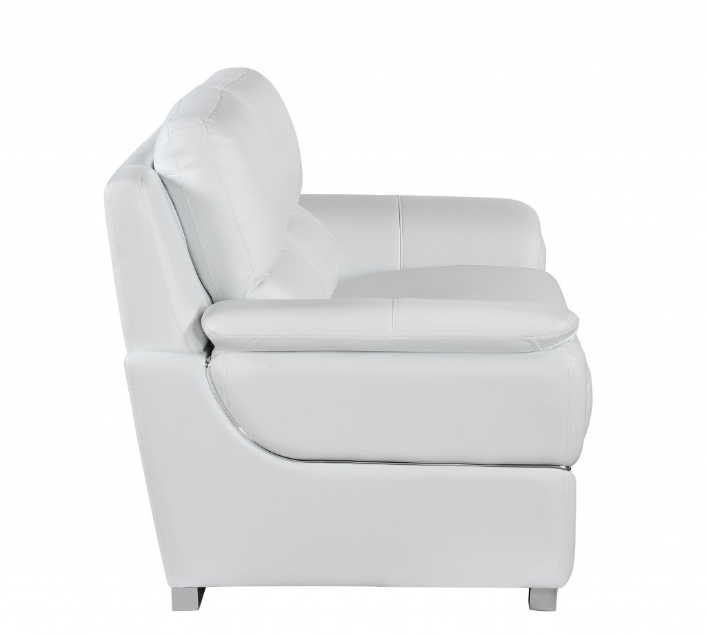 85" White Leather Sofa With Silver Legs