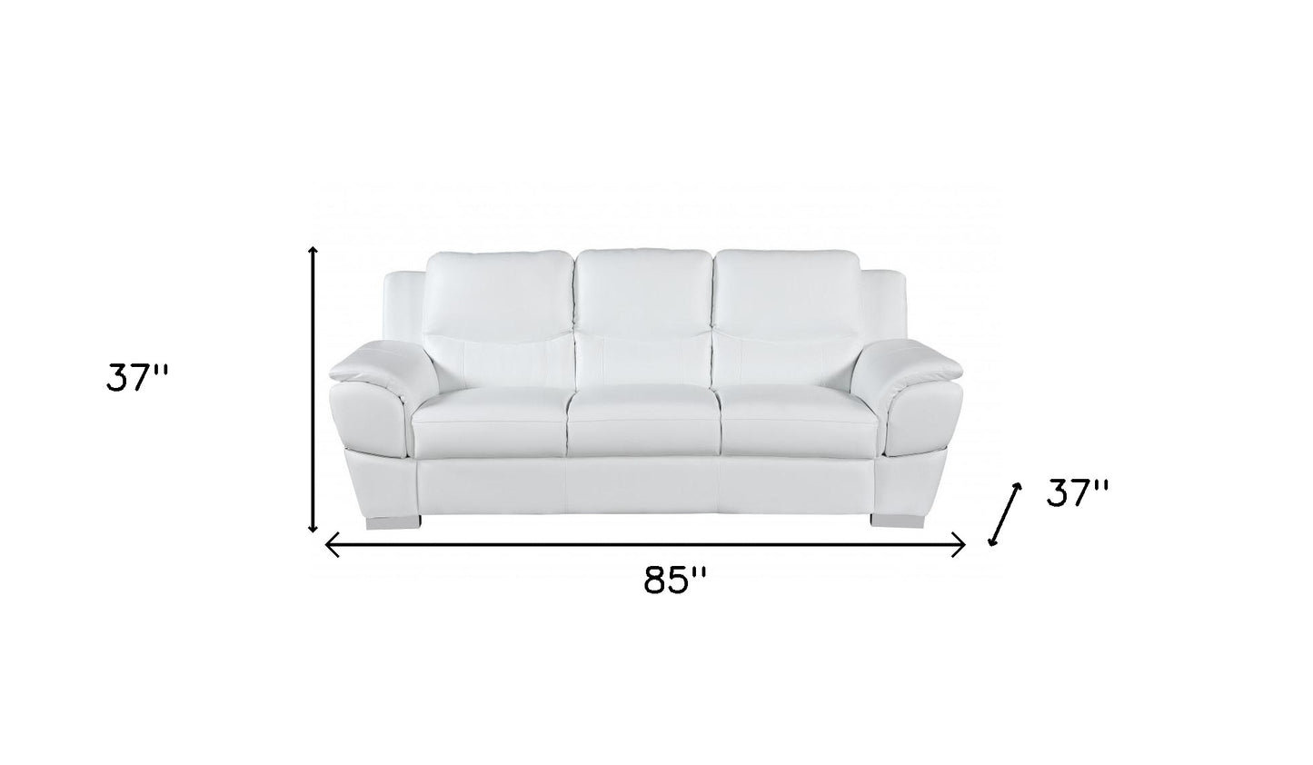 85" White Leather Sofa With Silver Legs