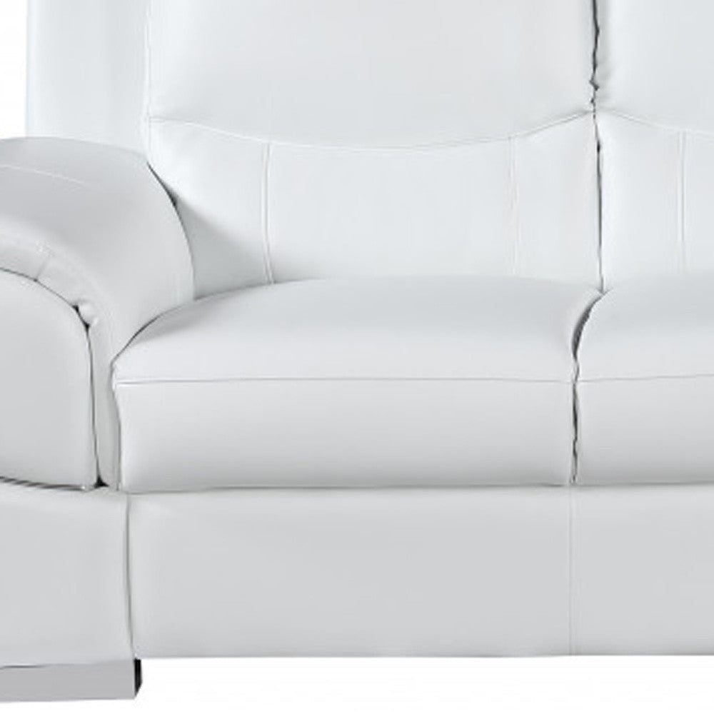 85" White Leather Sofa With Silver Legs