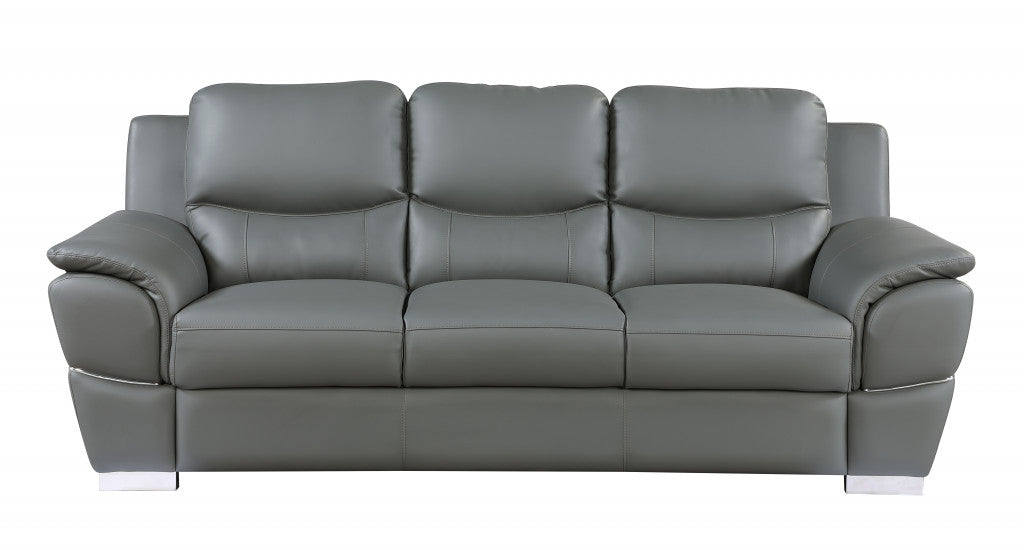 85" Gray Leather Sofa With Silver Legs