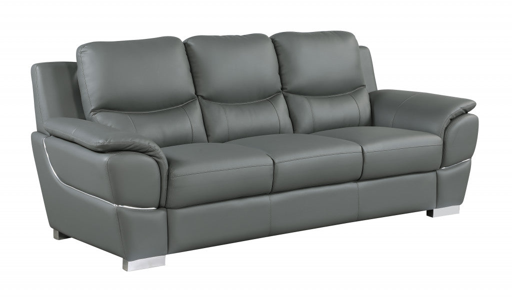 85" Gray And Silver Leather Sofa