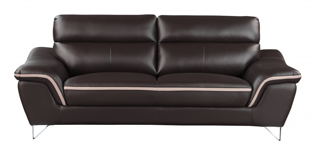 86" Brown Leather Sofa With Silver Legs