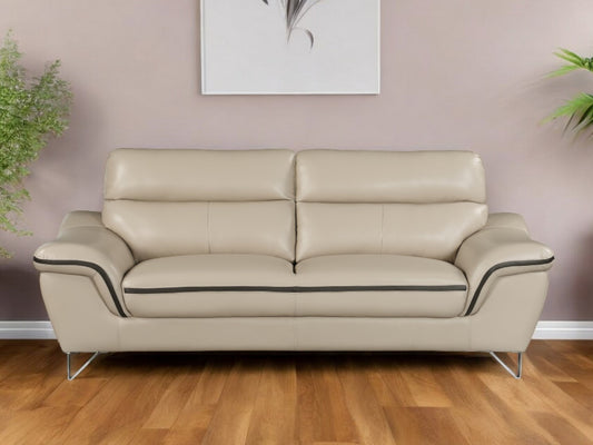 86" Beige Leather Sofa With Silver Legs