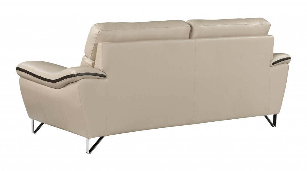 86" Beige And Silver Leather Sofa