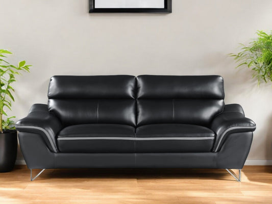 86" Black Leather Sofa With Silver Legs