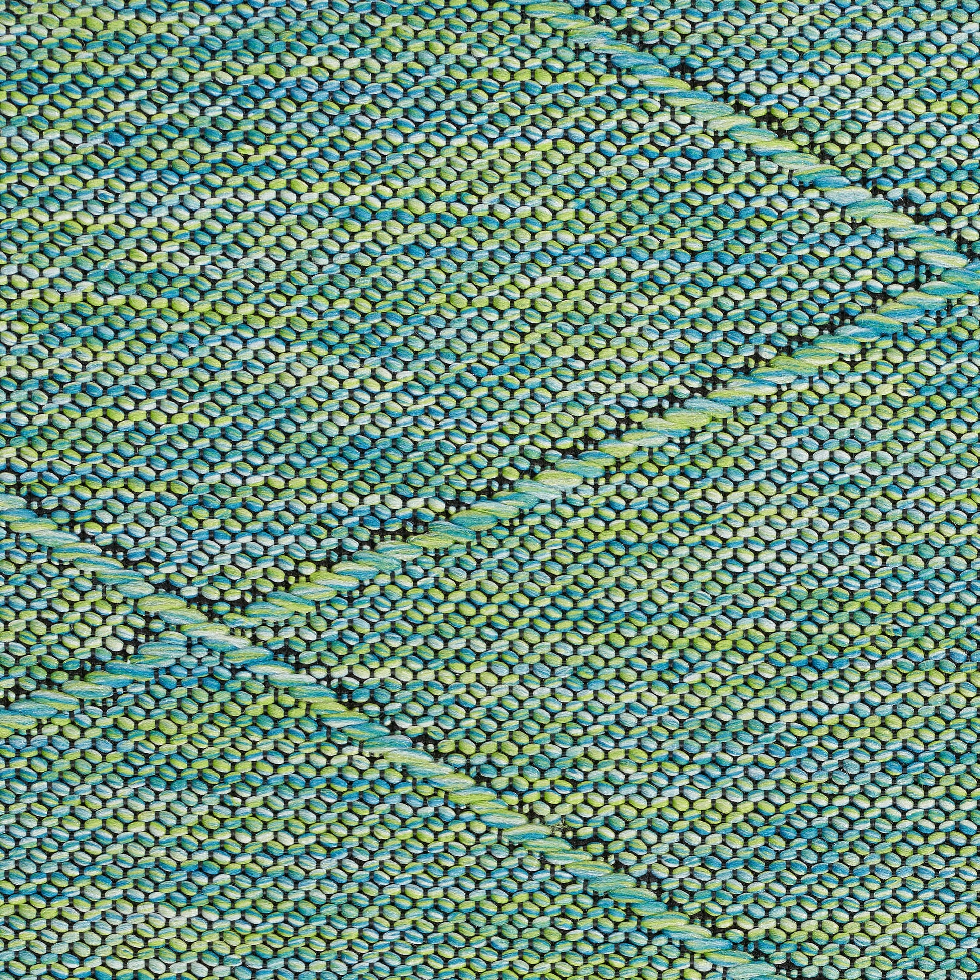 Teal, blue & green woven rug with a diagonal diamond pattern & textured braided yarns.