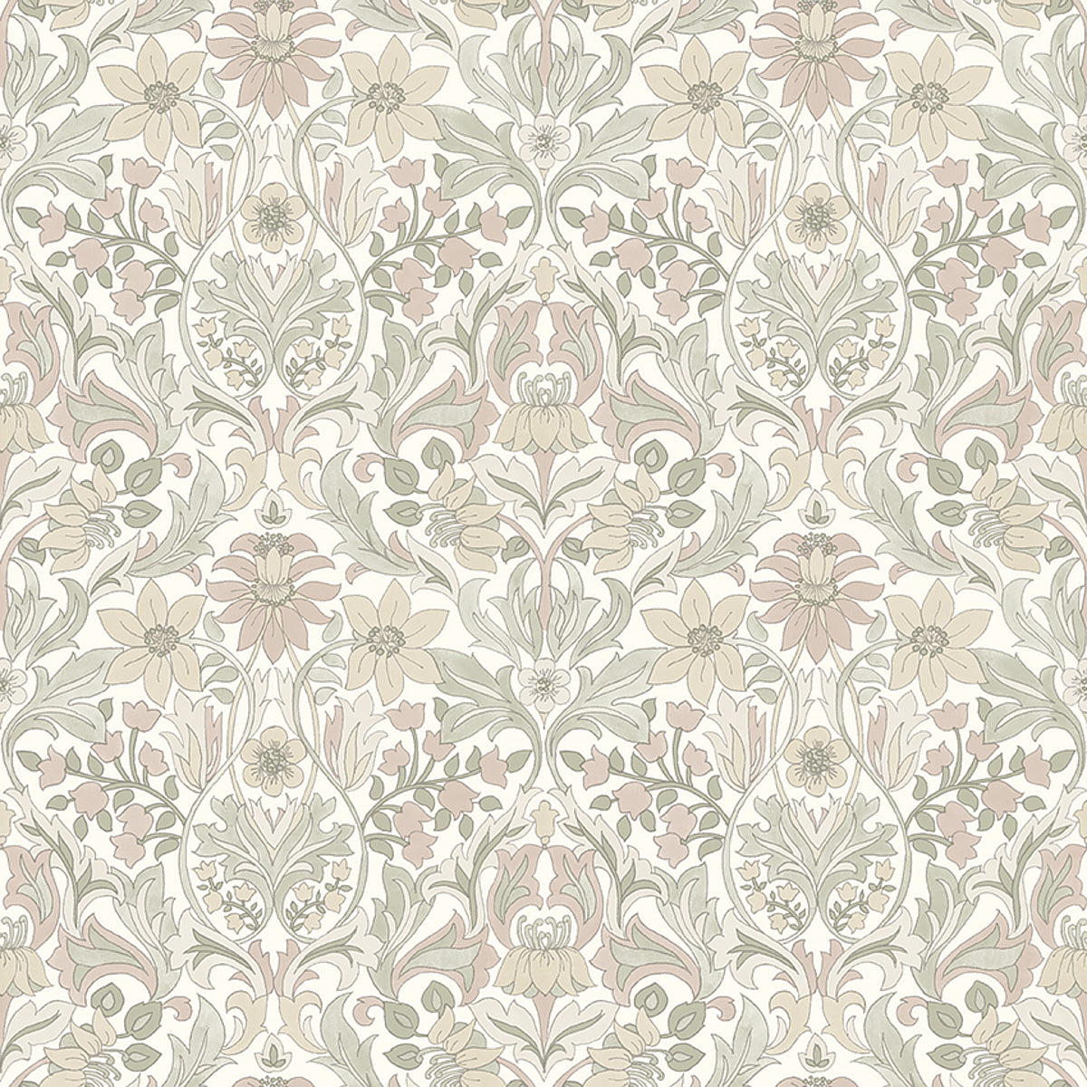 Pastel damask floral wallpaper pattern with beige, dusty pink and sage green scroll motifs for walls.