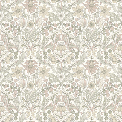 Pastel damask floral wallpaper pattern with beige, dusty pink and sage green scroll motifs for walls.