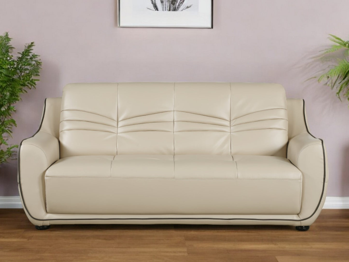 86" Beige Faux Leather Sofa With Black Legs