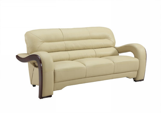 76" Beige And Silver Leather Sofa