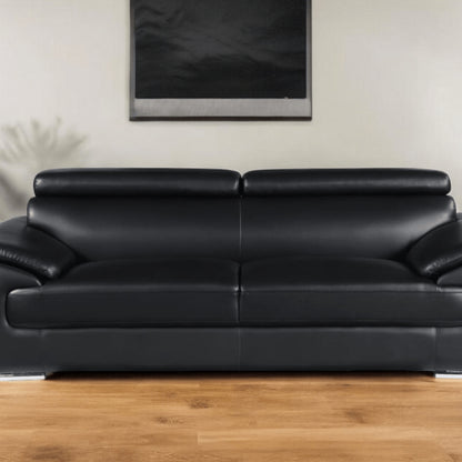 86" Black Leather Sofa With Silver Legs