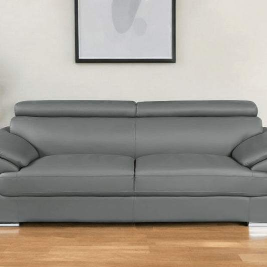 86-inch gray leather sofa with silver legs