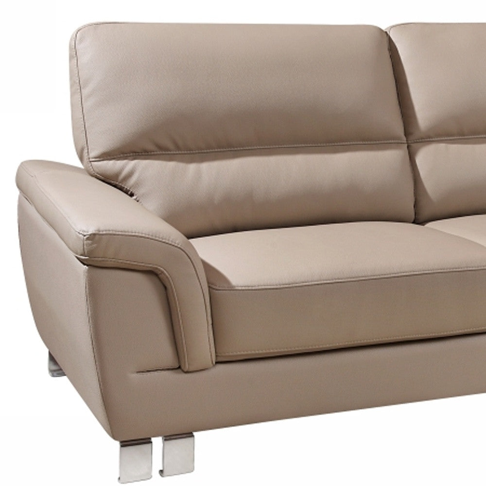 82" Beige And Silver Faux Leather Sofa