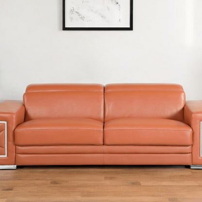 89" Camel Italian Leather Sofa With Silver Legs