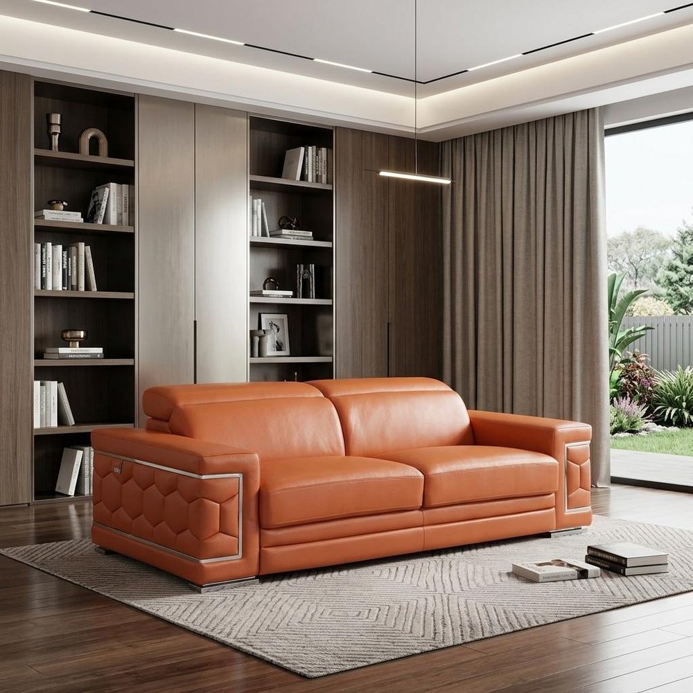 89" Camel Italian Leather Sofa With Silver Legs