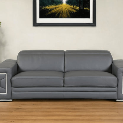 89" Dark Gray Italian Leather Sofa With Silver Legs