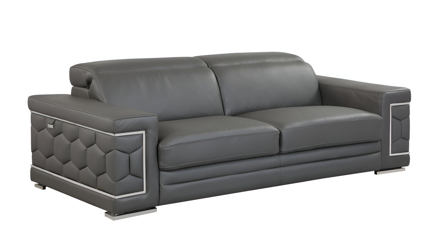 89" Dark Gray Italian Leather Sofa With Silver Legs