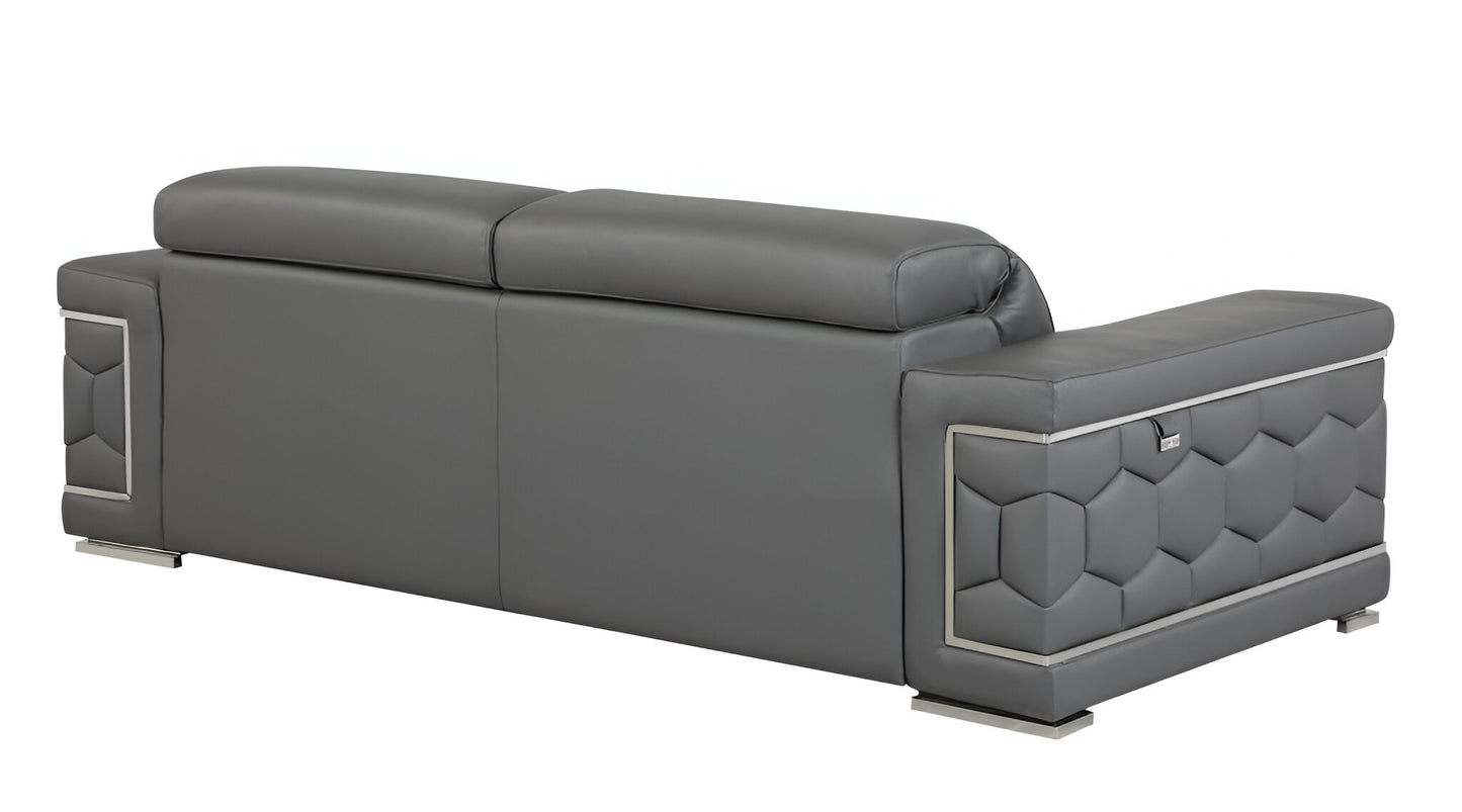 89" Dark Gray Italian Leather Sofa With Silver Legs