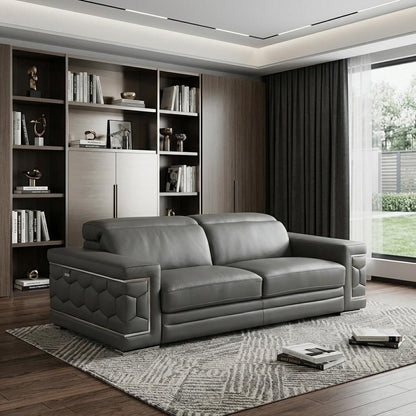 89" Dark Gray Italian Leather Sofa With Silver Legs