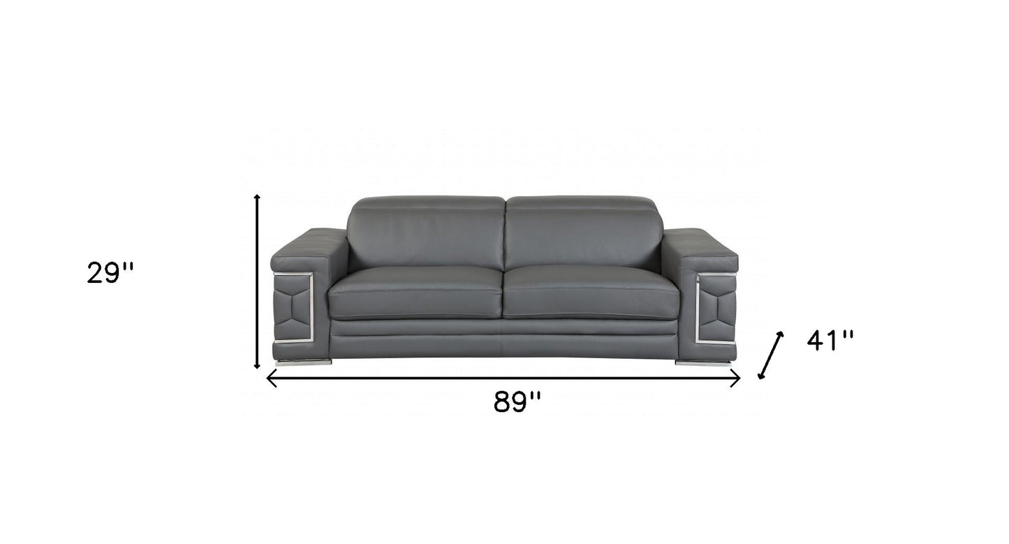 89" Dark Gray Italian Leather Sofa With Silver Legs