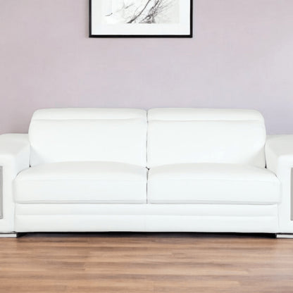 89" White Italian Leather Sofa With Silver Legs