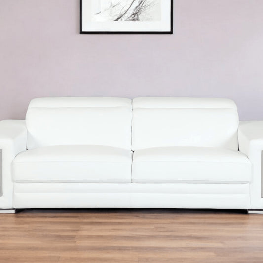 71" White Italian Leather Sofa With Silver Legs