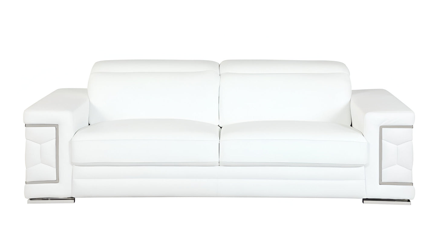 89" White Italian Leather Sofa With Silver Legs