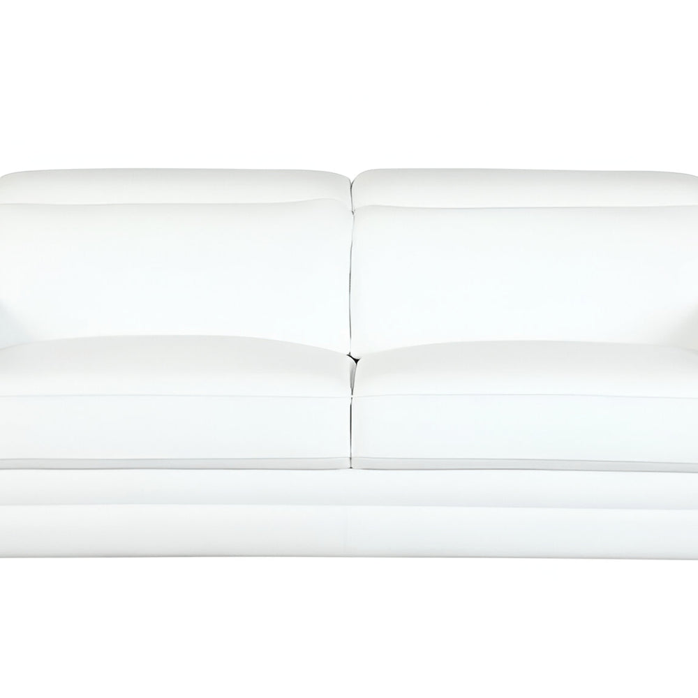 71" White Italian Leather Sofa With Silver Legs