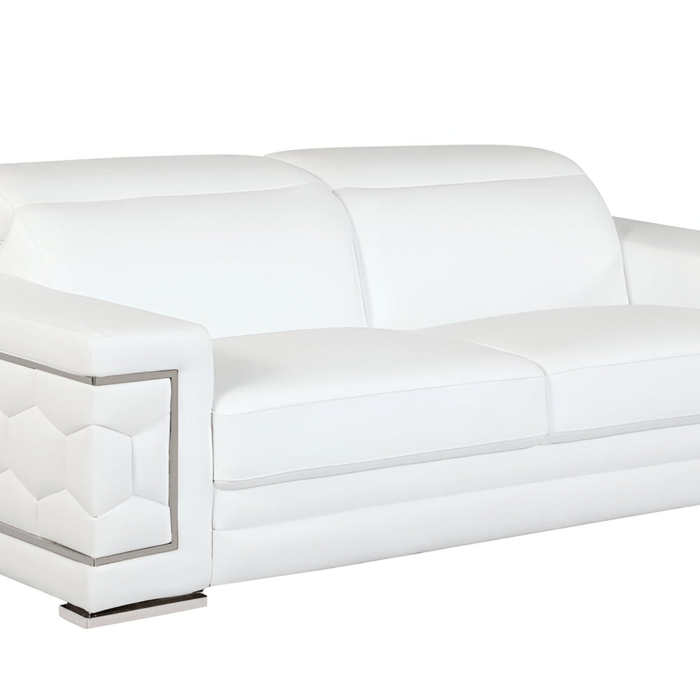 71" White Italian Leather Sofa With Silver Legs