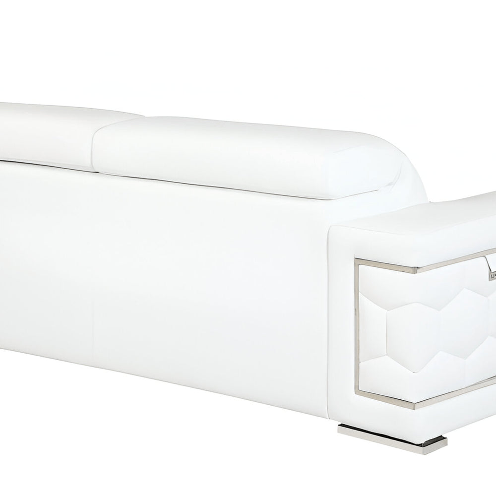 71" White Italian Leather Sofa With Silver Legs
