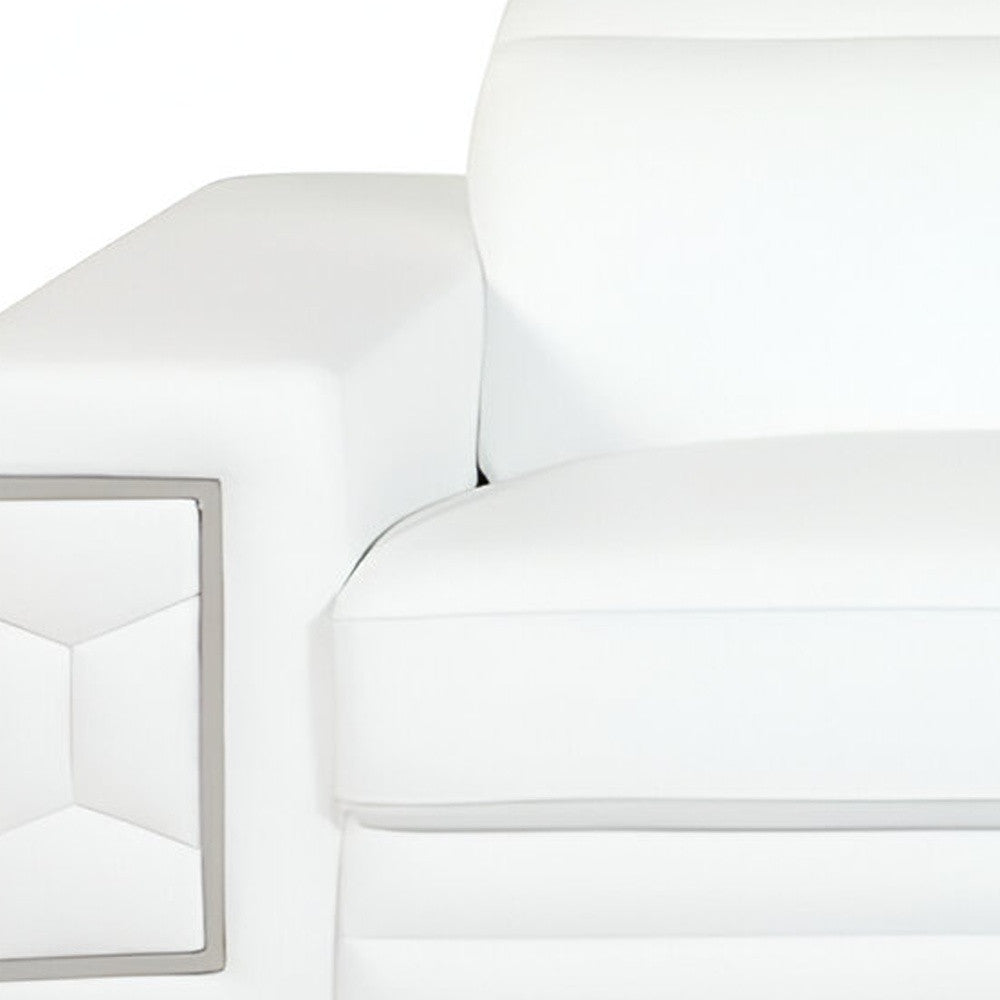 89" White Italian Leather Sofa With Silver Legs