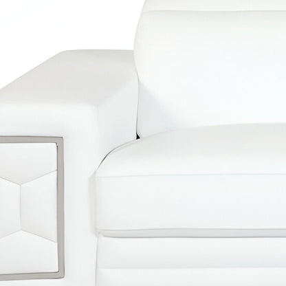 71" White Italian Leather Sofa With Silver Legs
