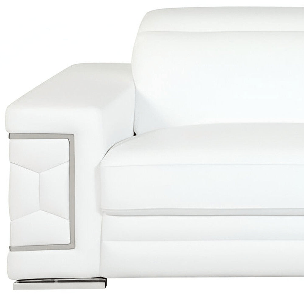 71" White Italian Leather Sofa With Silver Legs