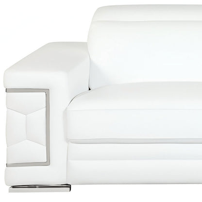 71" White Italian Leather Sofa With Silver Legs