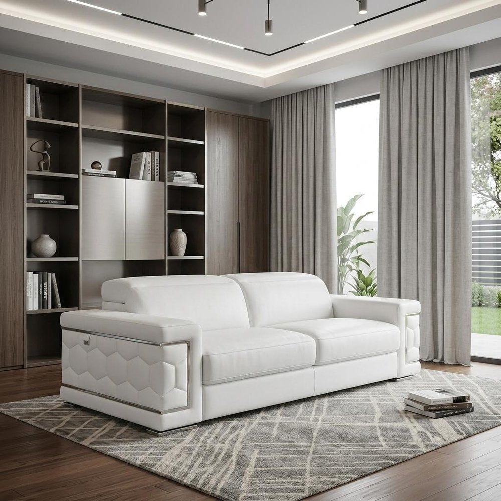 89" White Italian Leather Sofa With Silver Legs